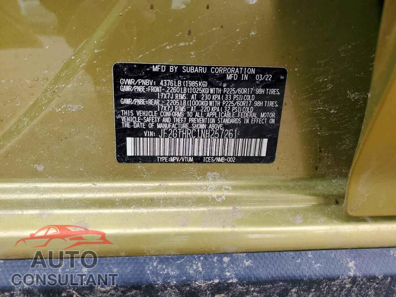 SUBARU CROSSTREK 2022 - JF2GTHRC1NH257261