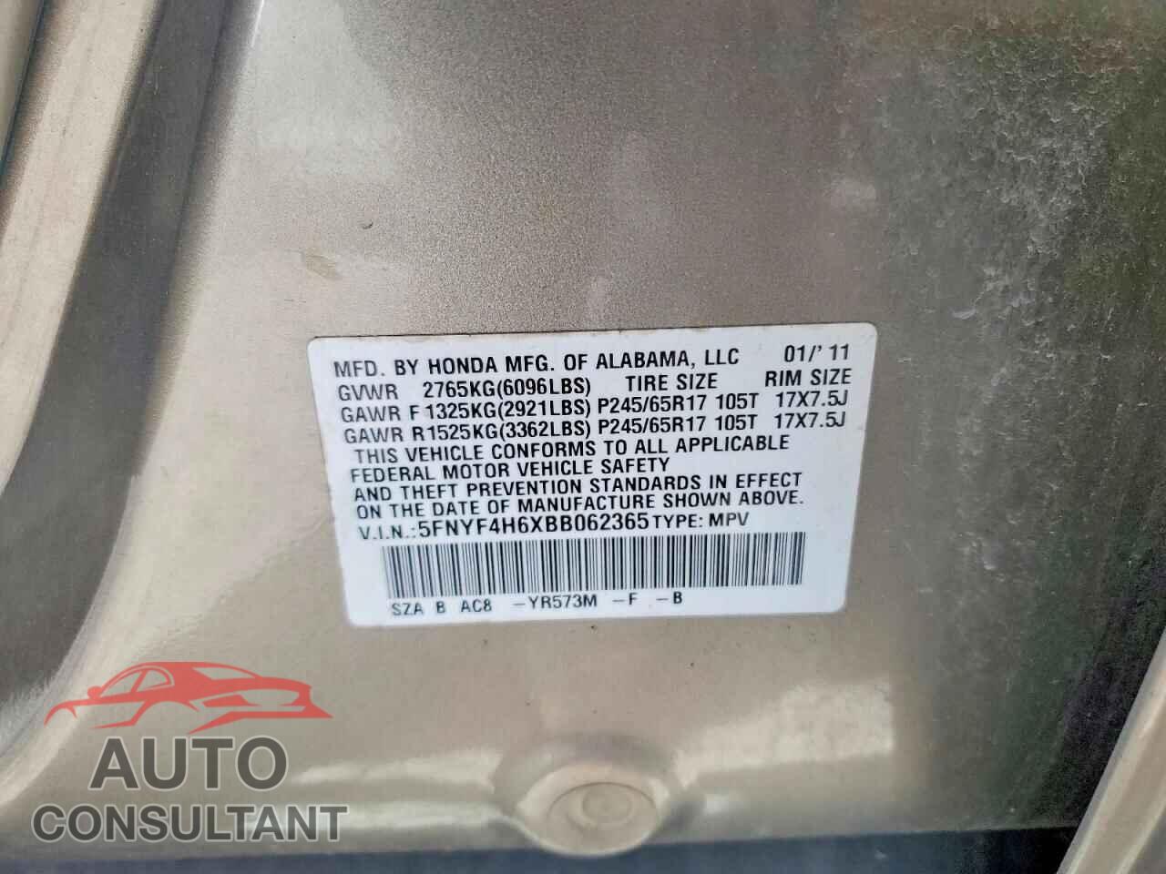 HONDA PILOT 2011 - 5FNYF4H6XBB062365