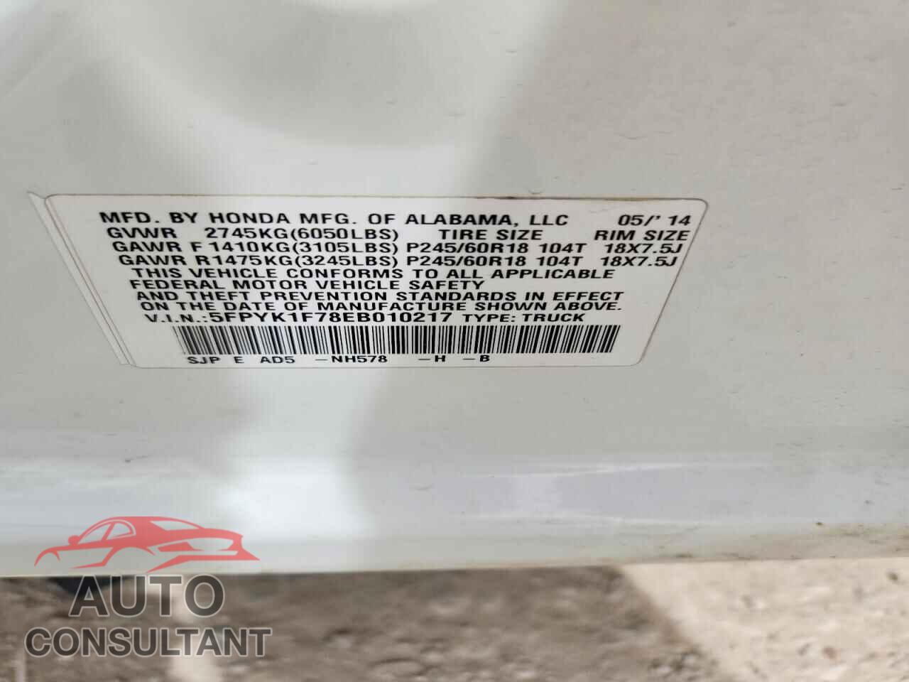 HONDA RIDGELINE 2014 - 5FPYK1F78EB010217