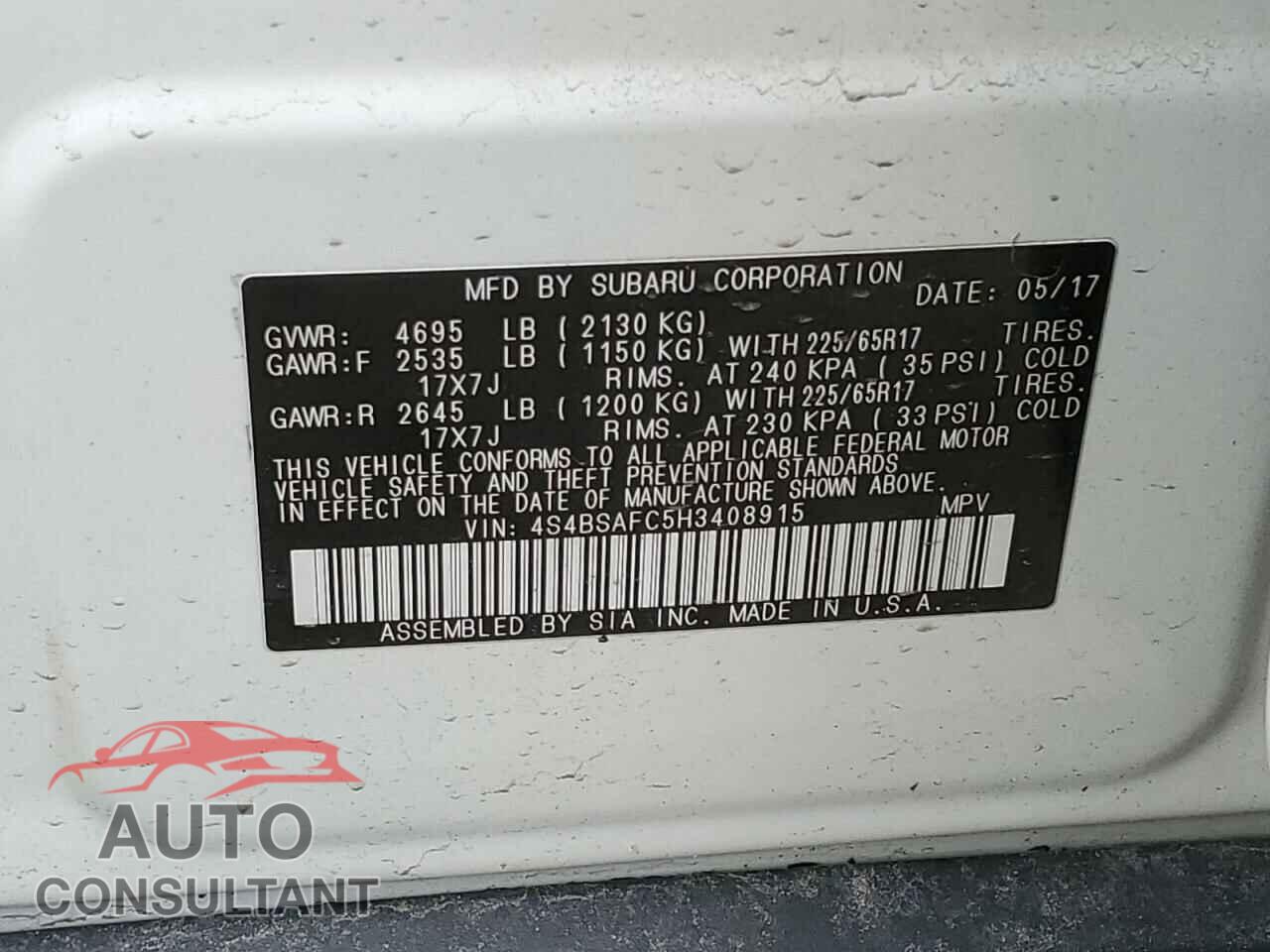 SUBARU OUTBACK 2017 - 4S4BSAFC5H3408915