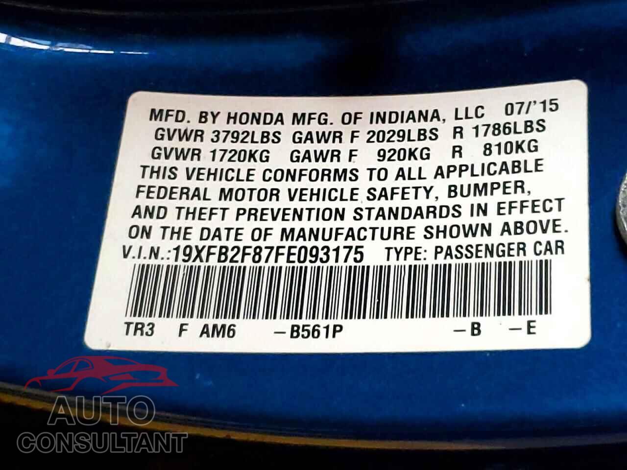 HONDA CIVIC 2015 - 19XFB2F87FE093175