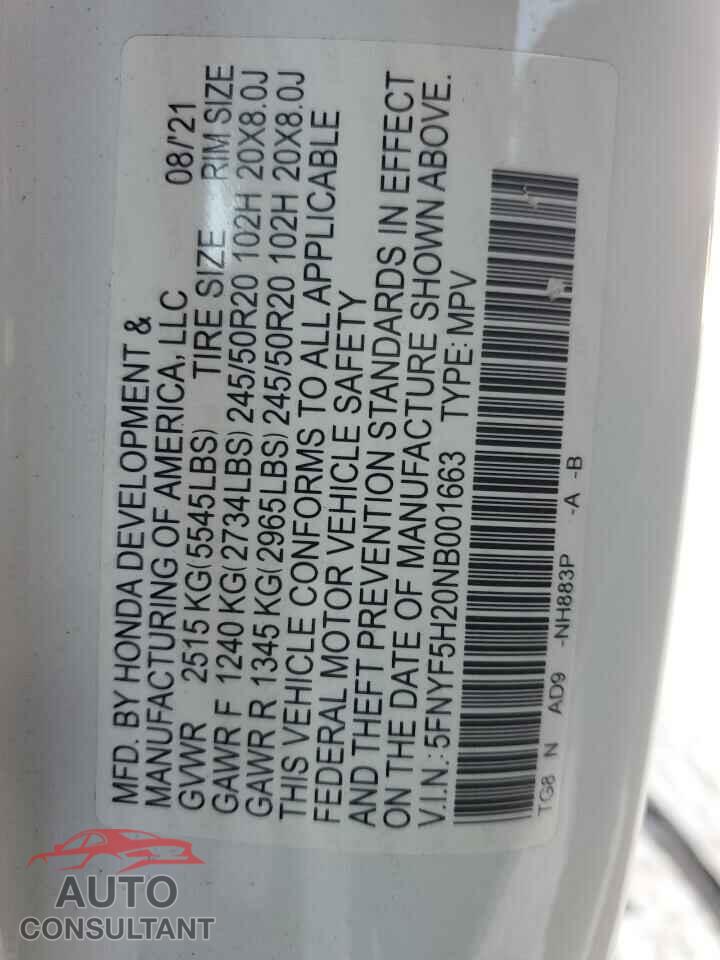 HONDA PILOT 2022 - 5FNYF5H20NB001663