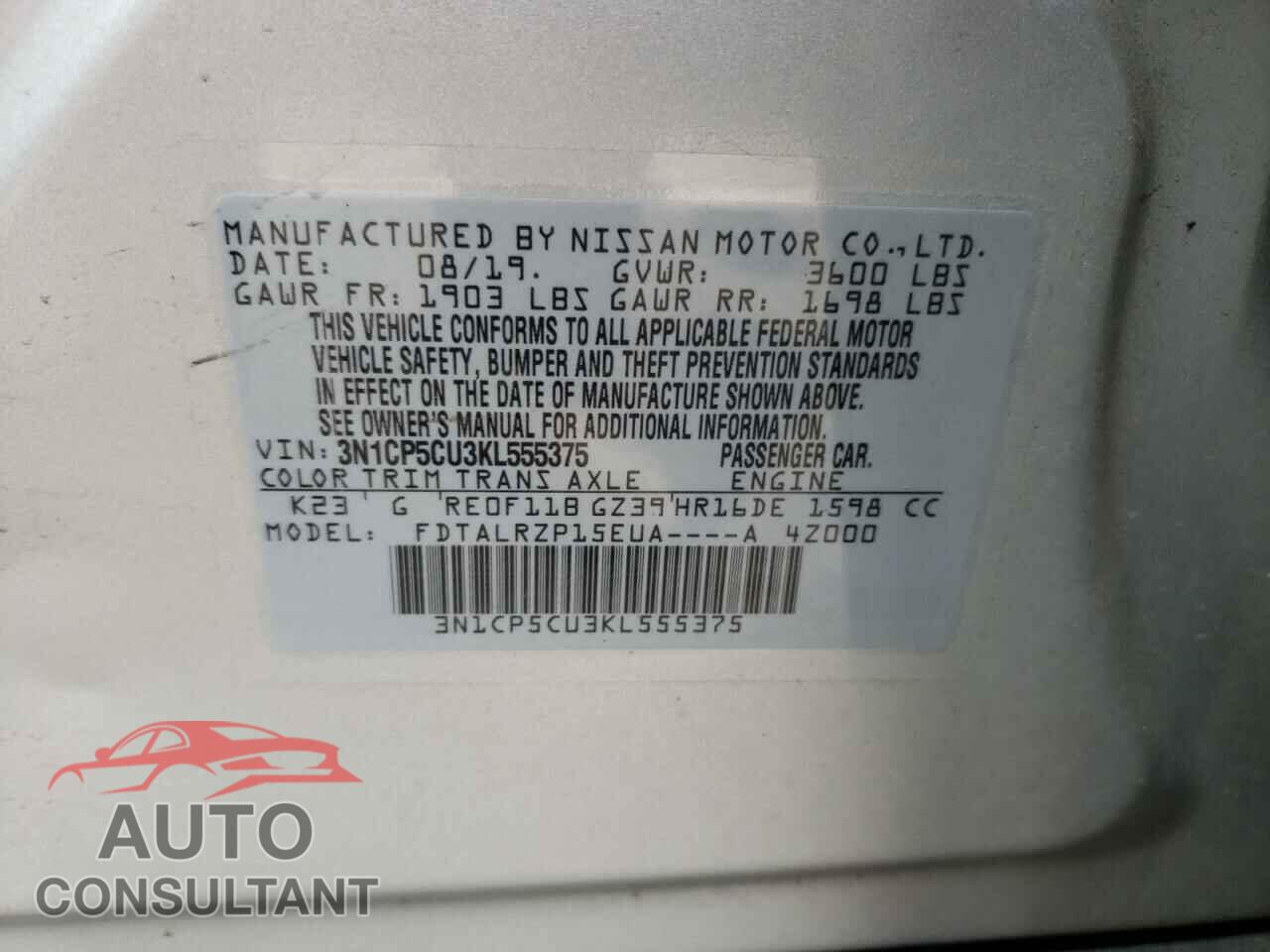 NISSAN KICKS 2019 - 3N1CP5CU3KL555375