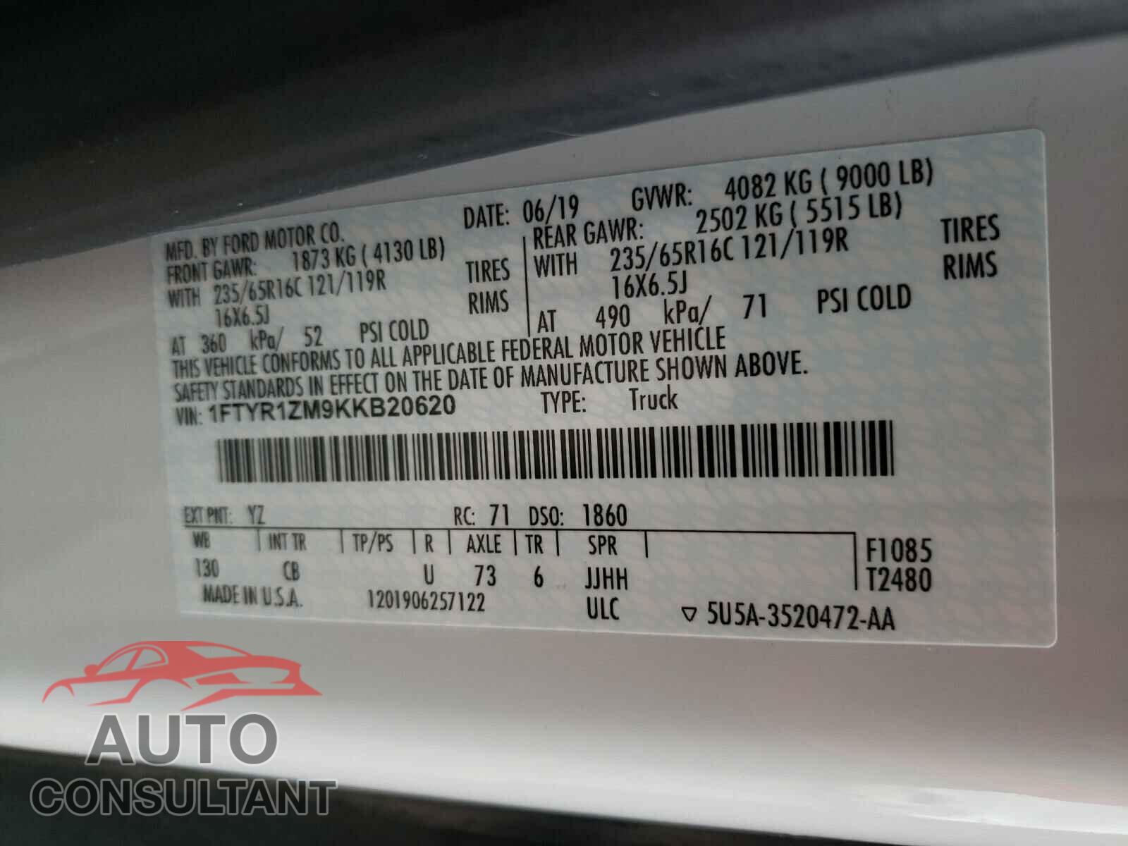 FORD TRANSIT CO 2019 - 1FTYR1ZM9KKB20620