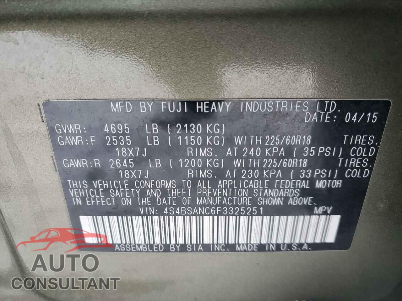 SUBARU OUTBACK 2015 - 4S4BSANC6F3325251