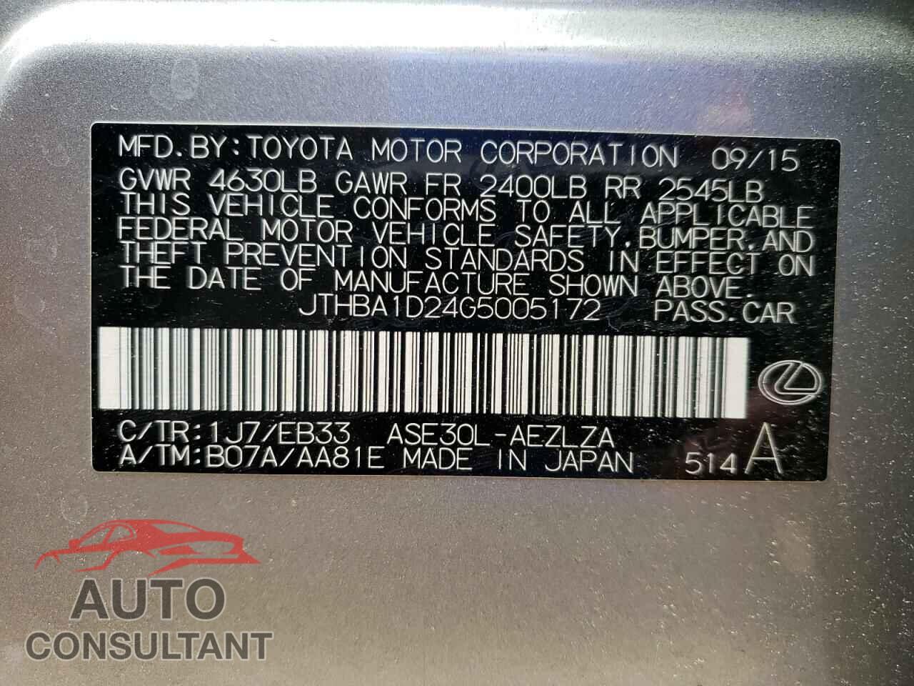 LEXUS IS 2016 - JTHBA1D24G5005172