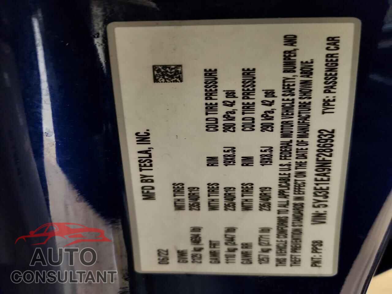 TESLA MODEL 3 2022 - 5YJ3E1EA9NF286932