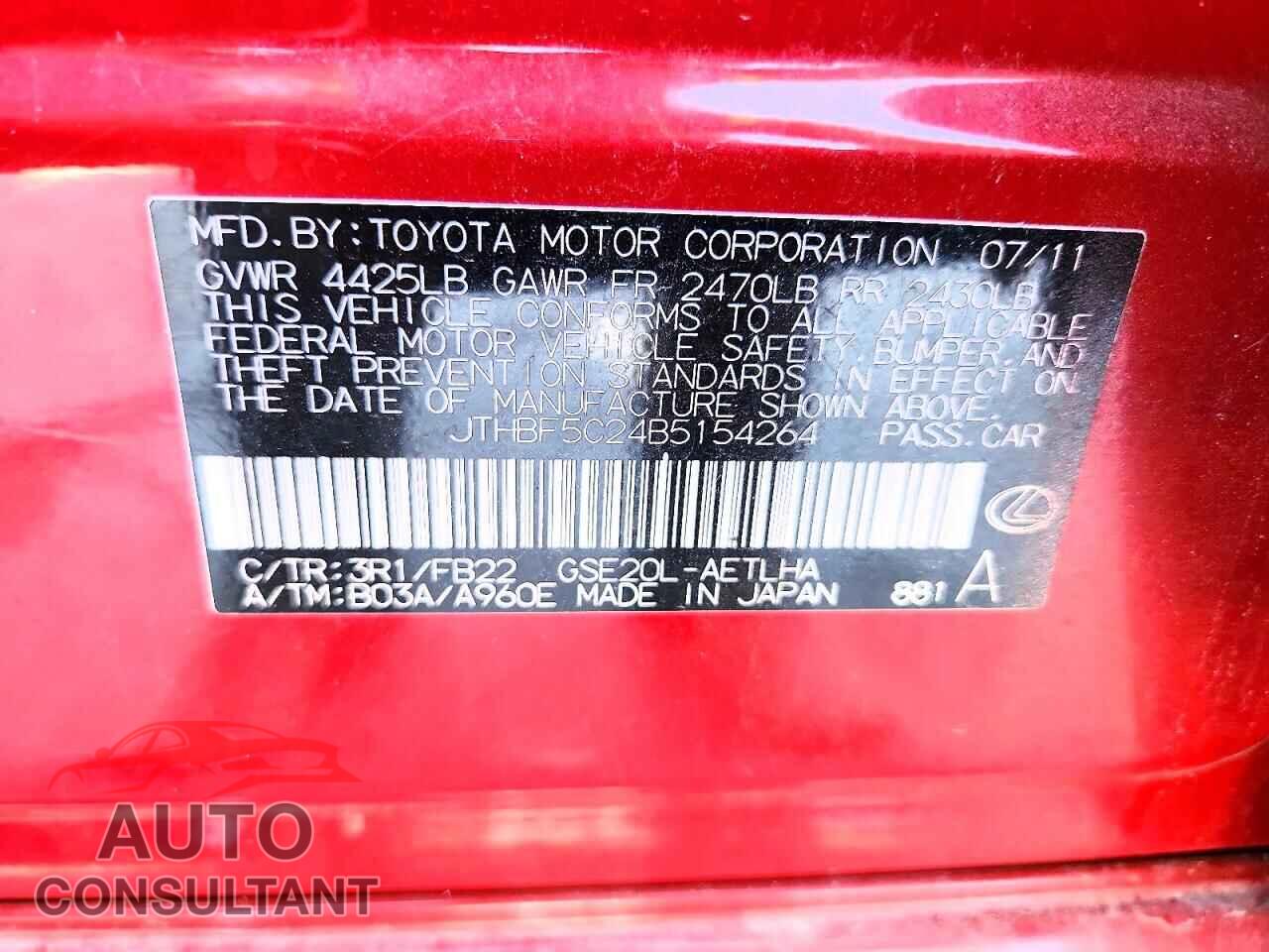 LEXUS IS 2011 - JTHBF5C24B5154264