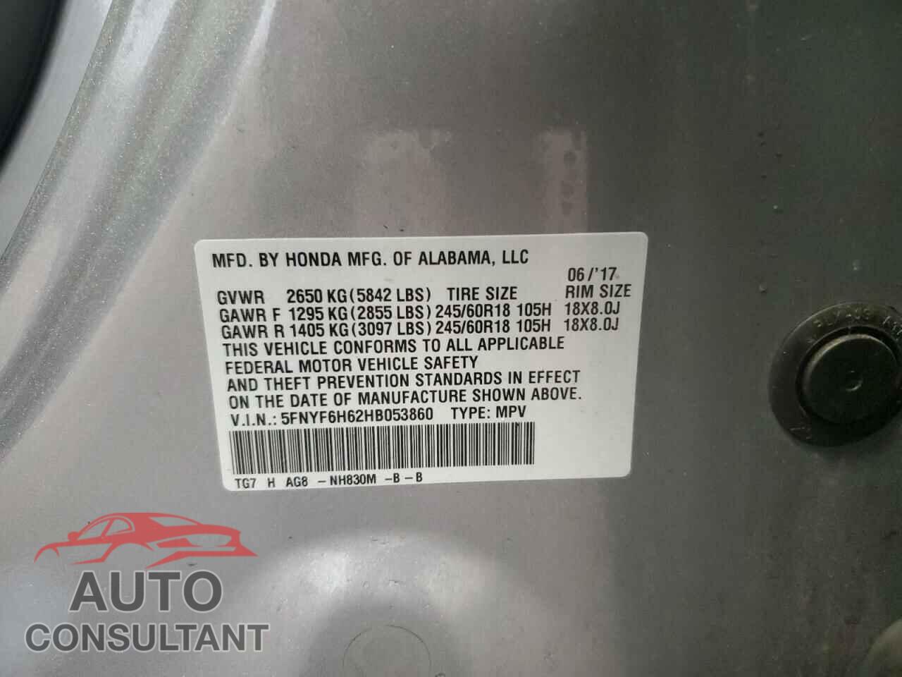 HONDA PILOT 2017 - 5FNYF6H62HB053860
