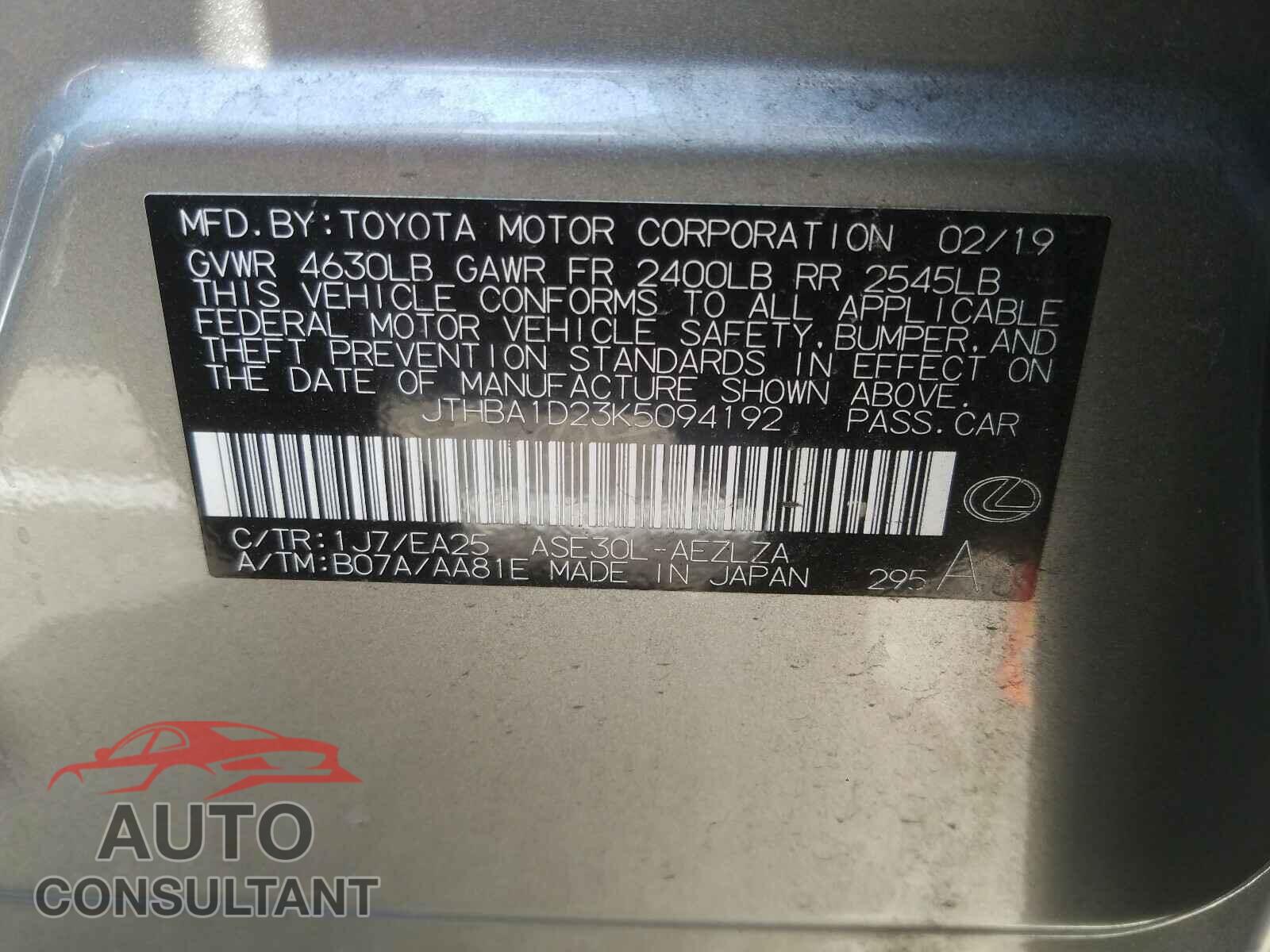 LEXUS IS 2019 - JTHBA1D23K5094192