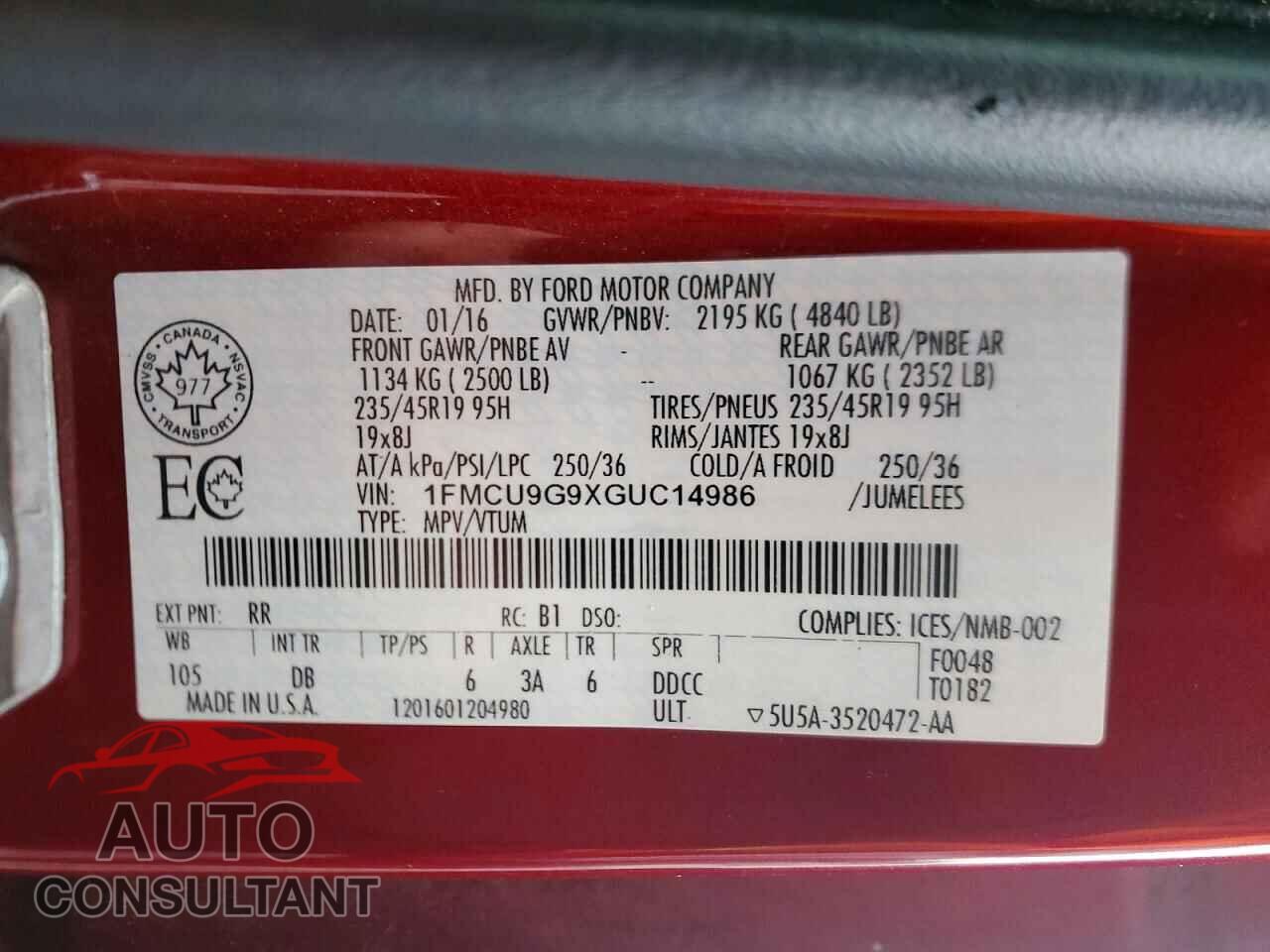 FORD ESCAPE 2016 - 1FMCU9G9XGUC14986