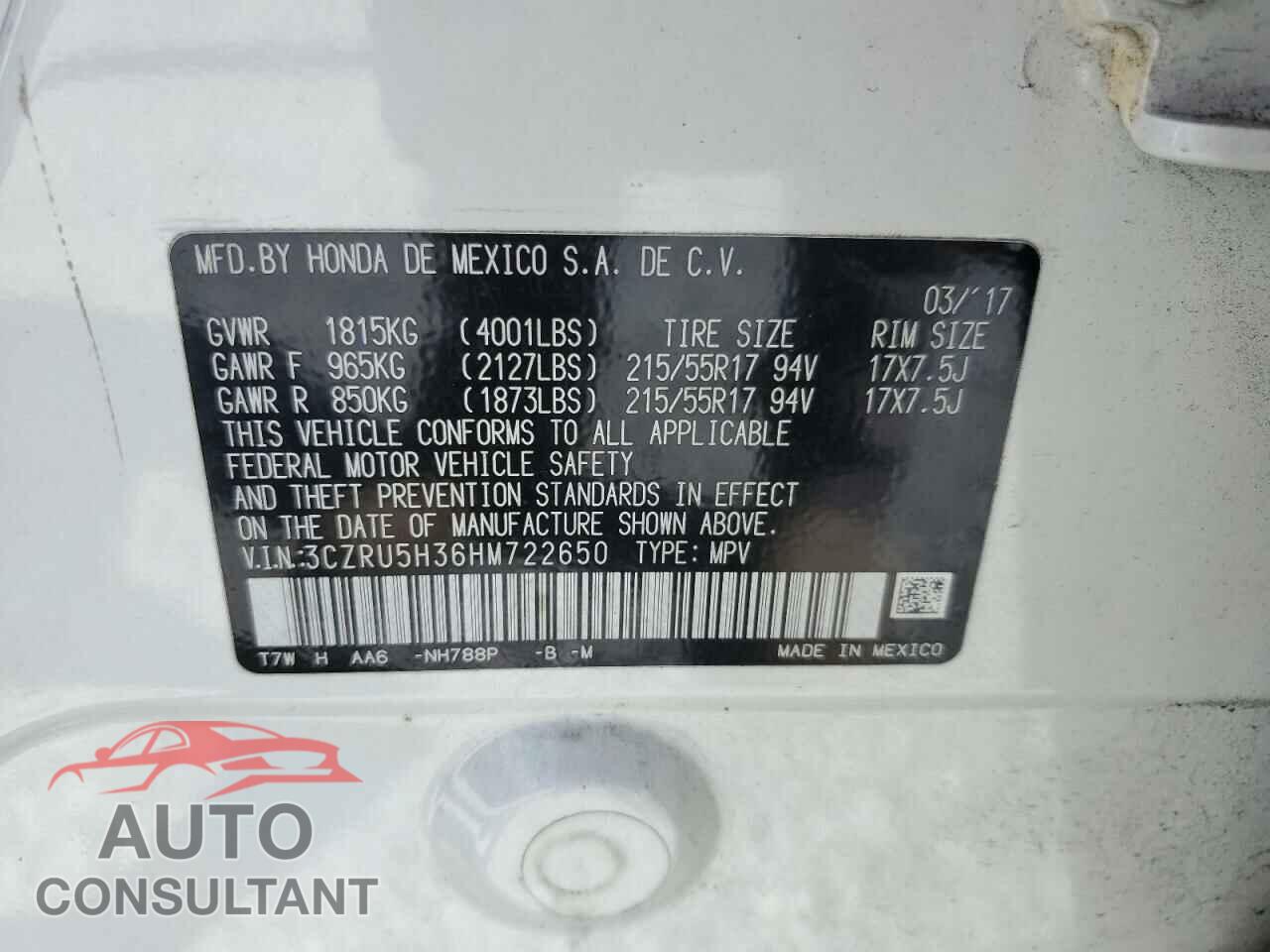 HONDA HR-V 2017 - 3CZRU5H36HM722650