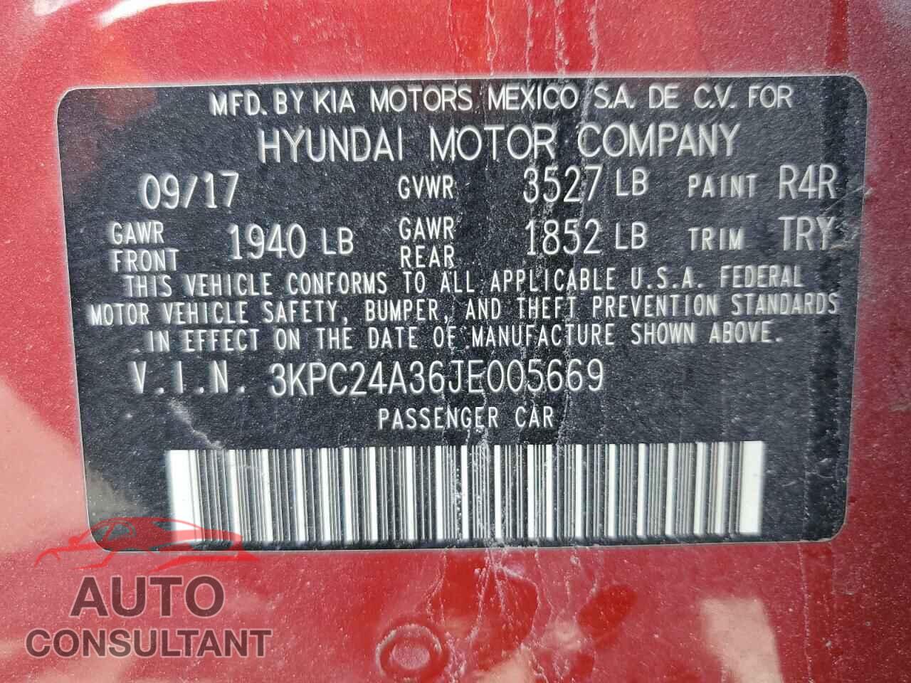 HYUNDAI ACCENT 2018 - 3KPC24A36JE005669