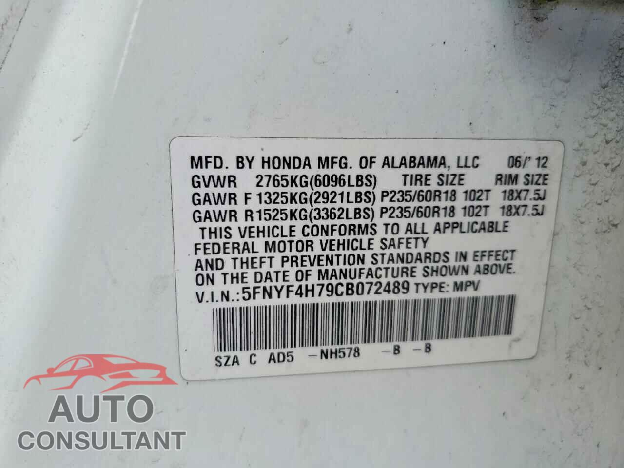 HONDA PILOT 2012 - 5FNYF4H79CB072489
