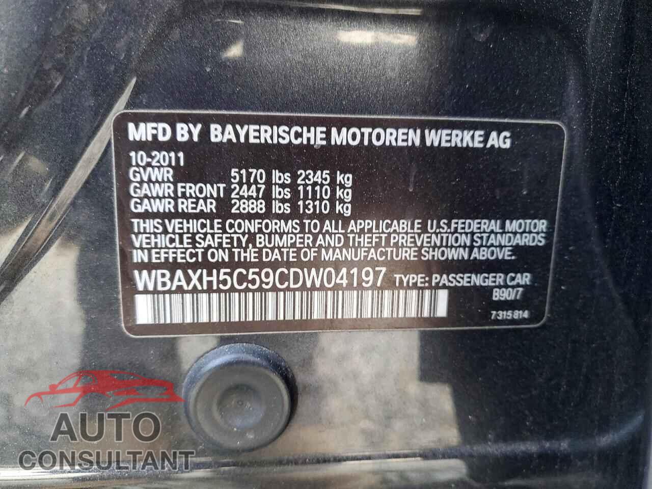 BMW 5 SERIES 2012 - WBAXH5C59CDW04197