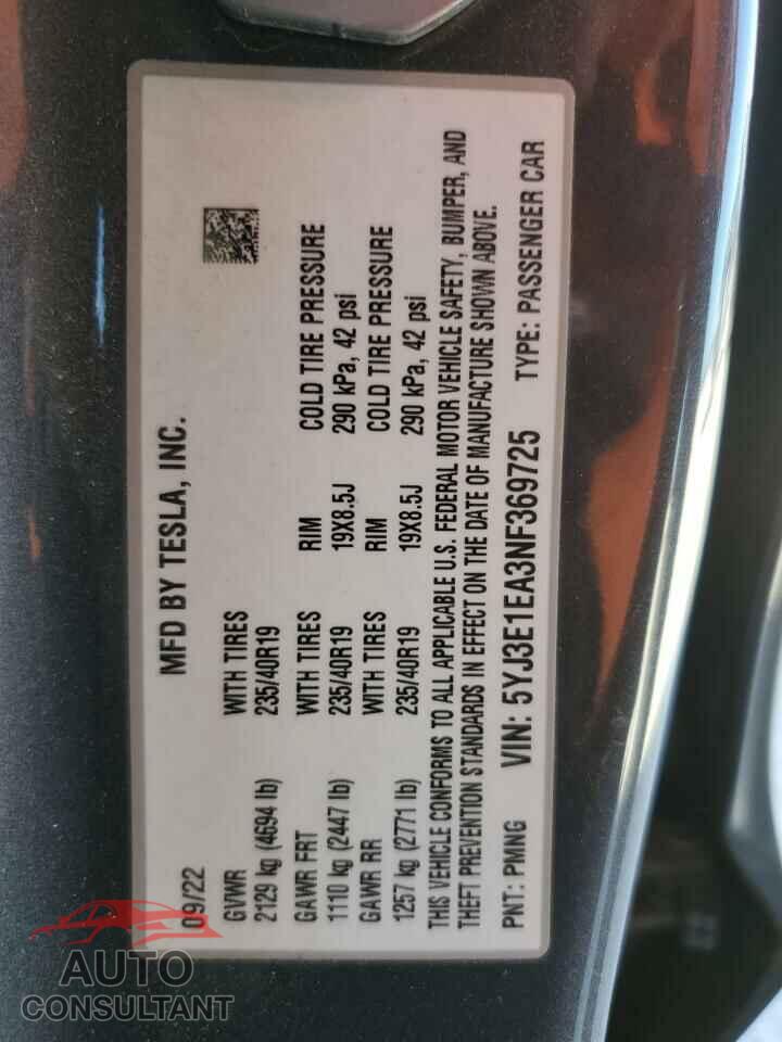 TESLA MODEL 3 2022 - 5YJ3E1EA3NF369725