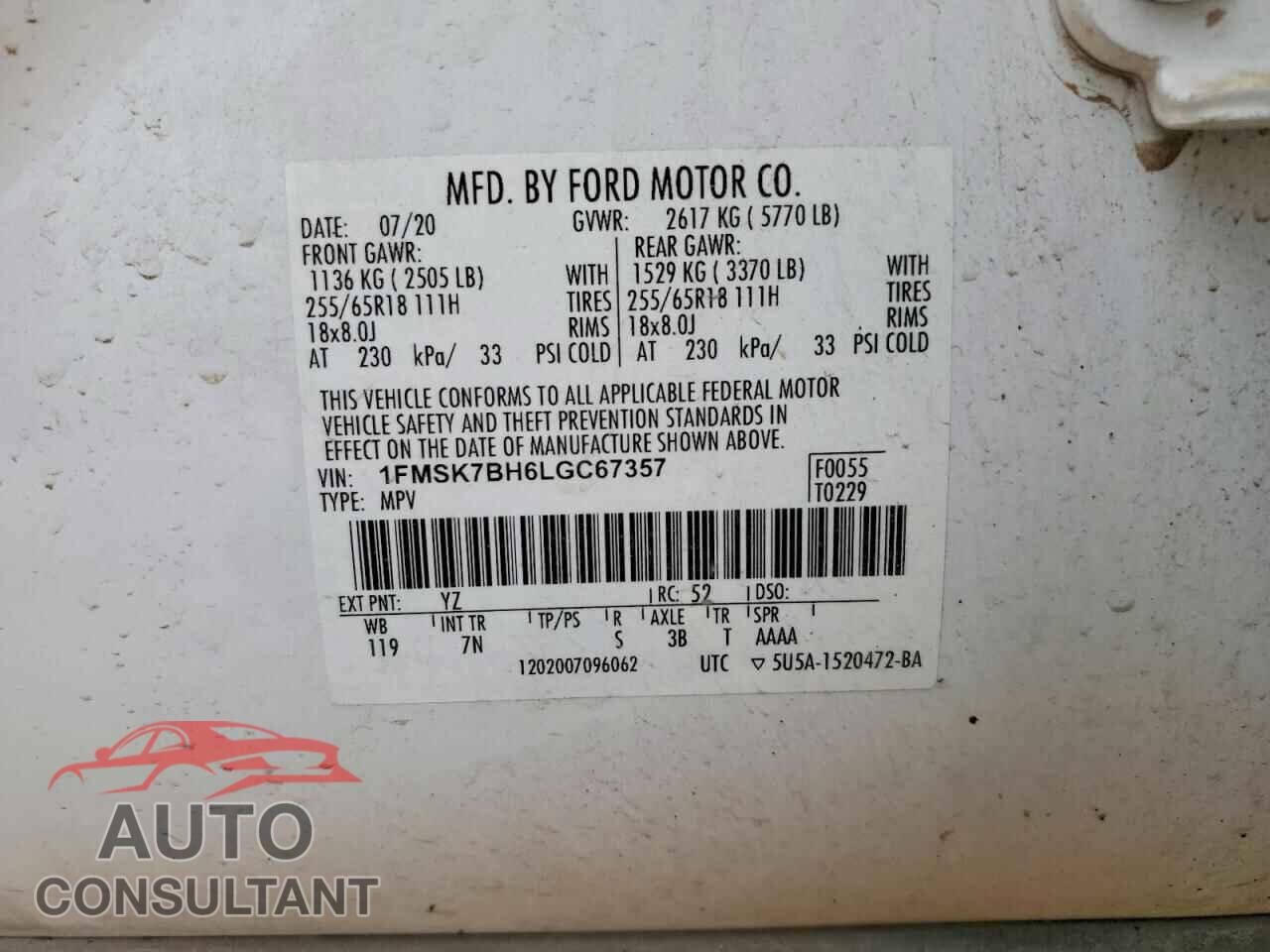 FORD EXPLORER 2020 - 1FMSK7BH6LGC67357