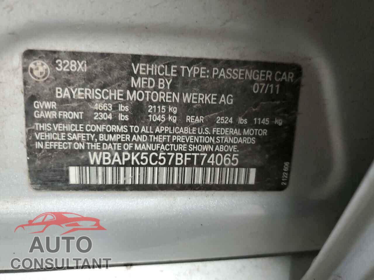 BMW 3 SERIES 2011 - WBAPK5C57BFT74065
