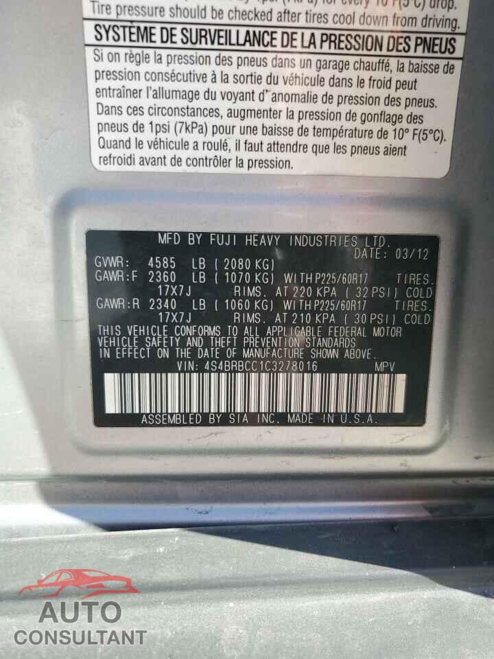 SUBARU OUTBACK 2012 - 4S4BRBCC1C3278016