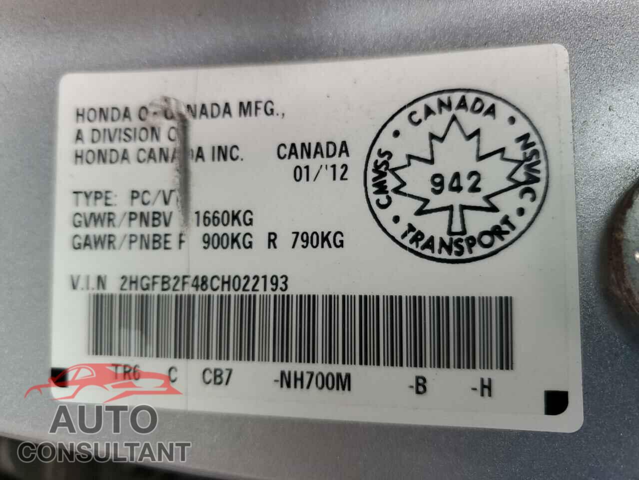 HONDA CIVIC 2012 - 2HGFB2F48CH022193
