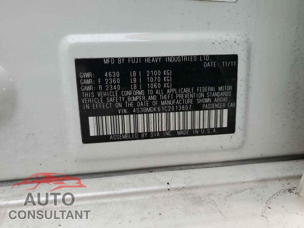 SUBARU LEGACY 2012 - 4S3BMDK61C2013807