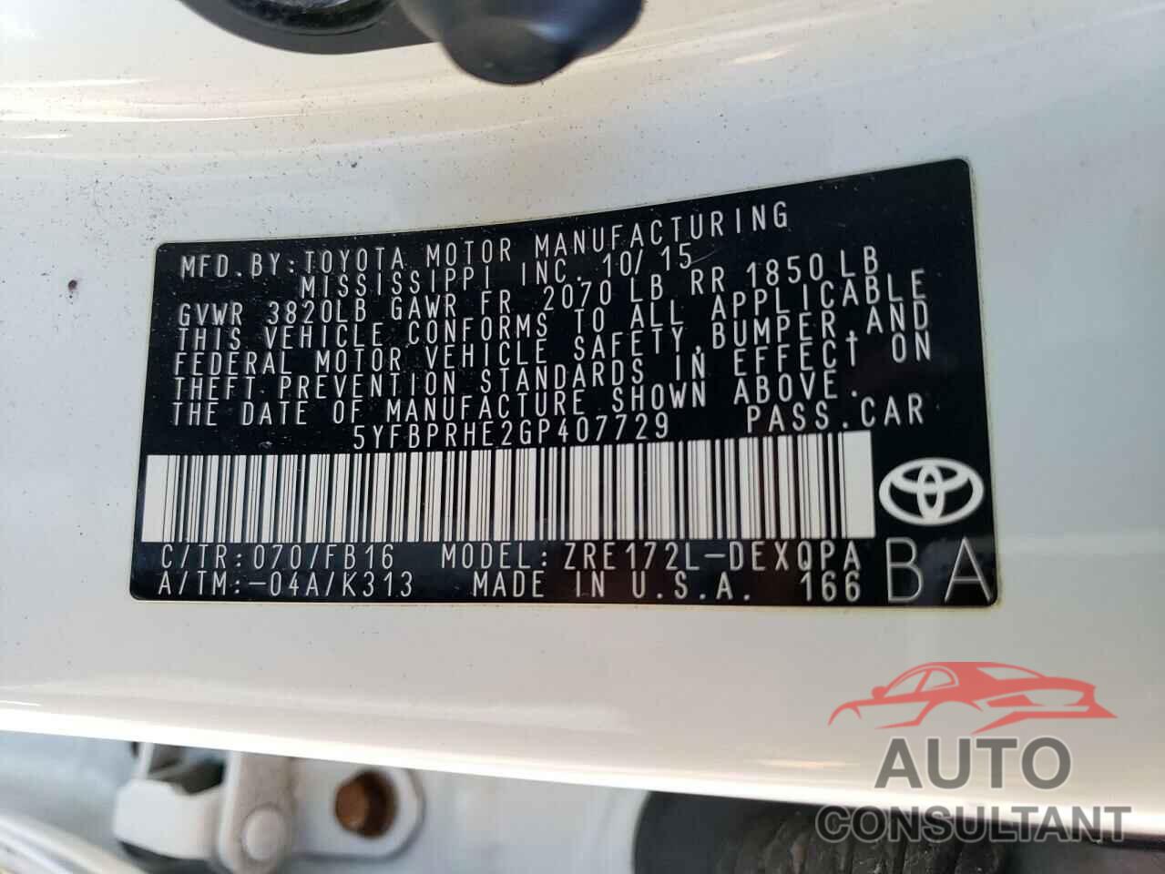 TOYOTA COROLLA 2016 - 5YFBPRHE2GP407729