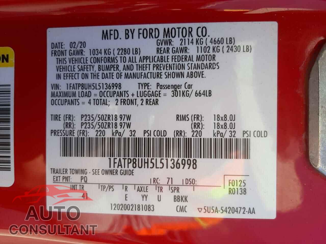 FORD MUSTANG 2020 - 1FATP8UH5L5136998