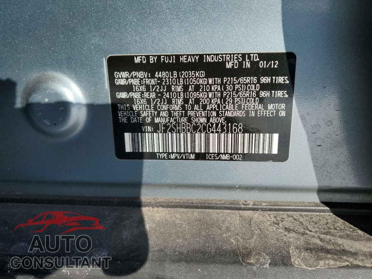 SUBARU FORESTER 2012 - JF2SHBBC2CG443168
