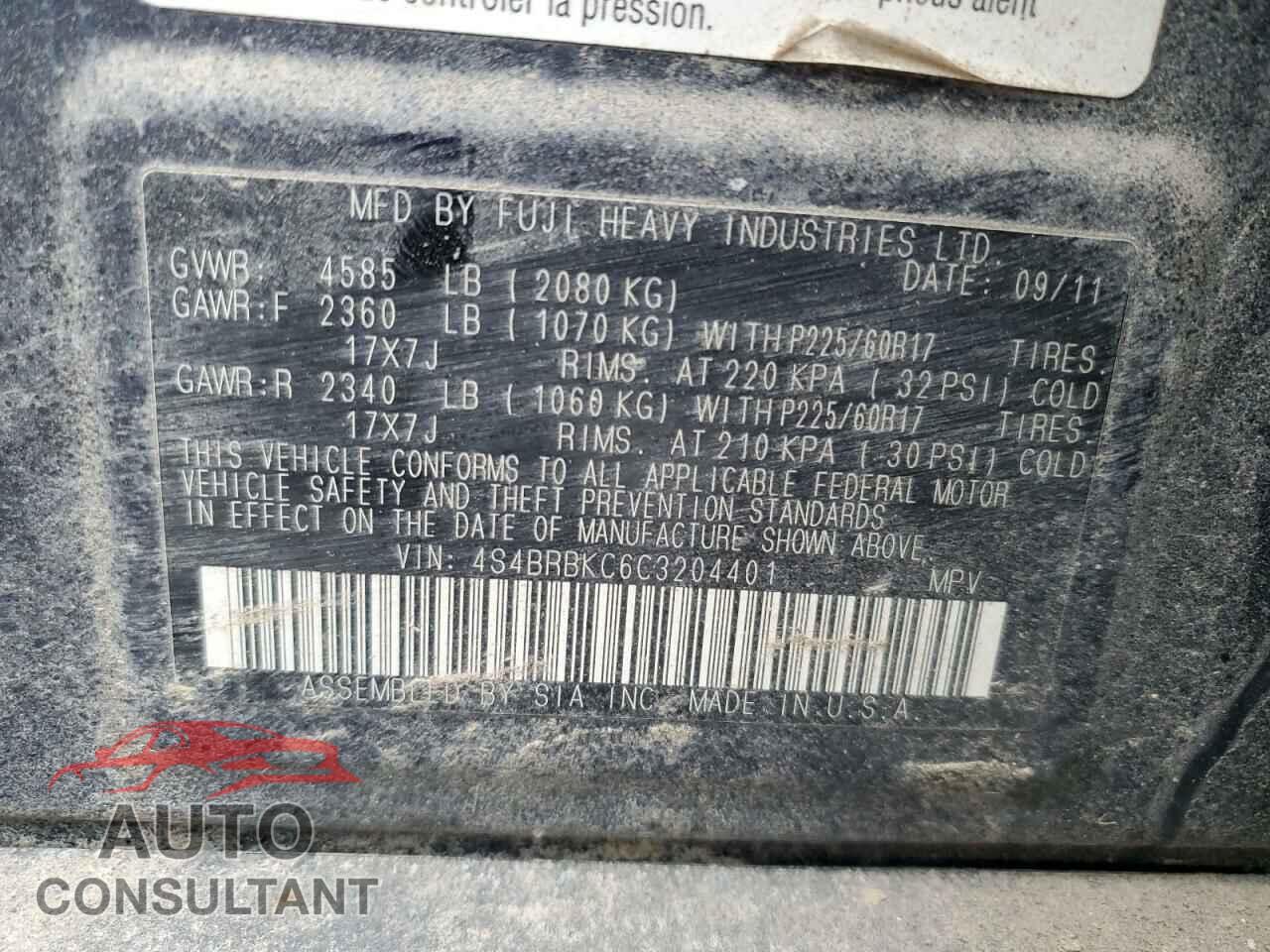 SUBARU OUTBACK 2012 - 4S4BRBKC6C3204401