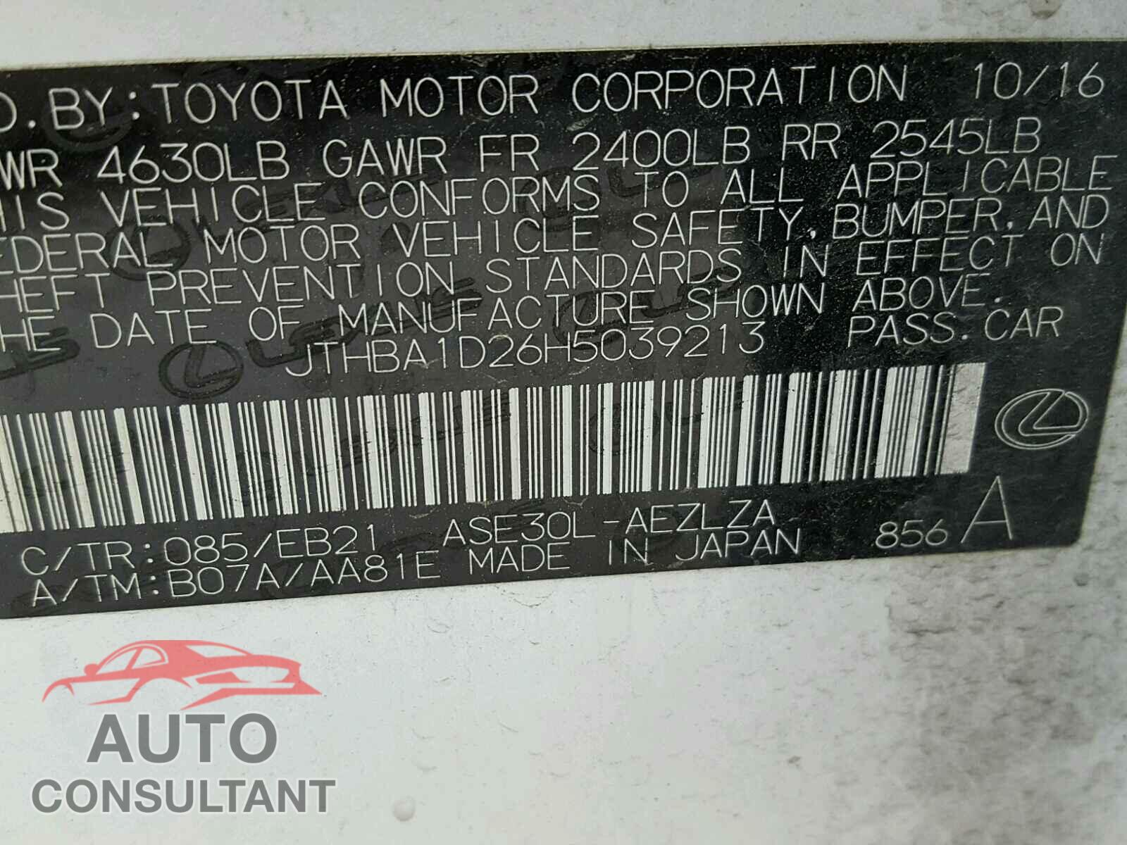 LEXUS IS 2017 - JTHBA1D26H5039213
