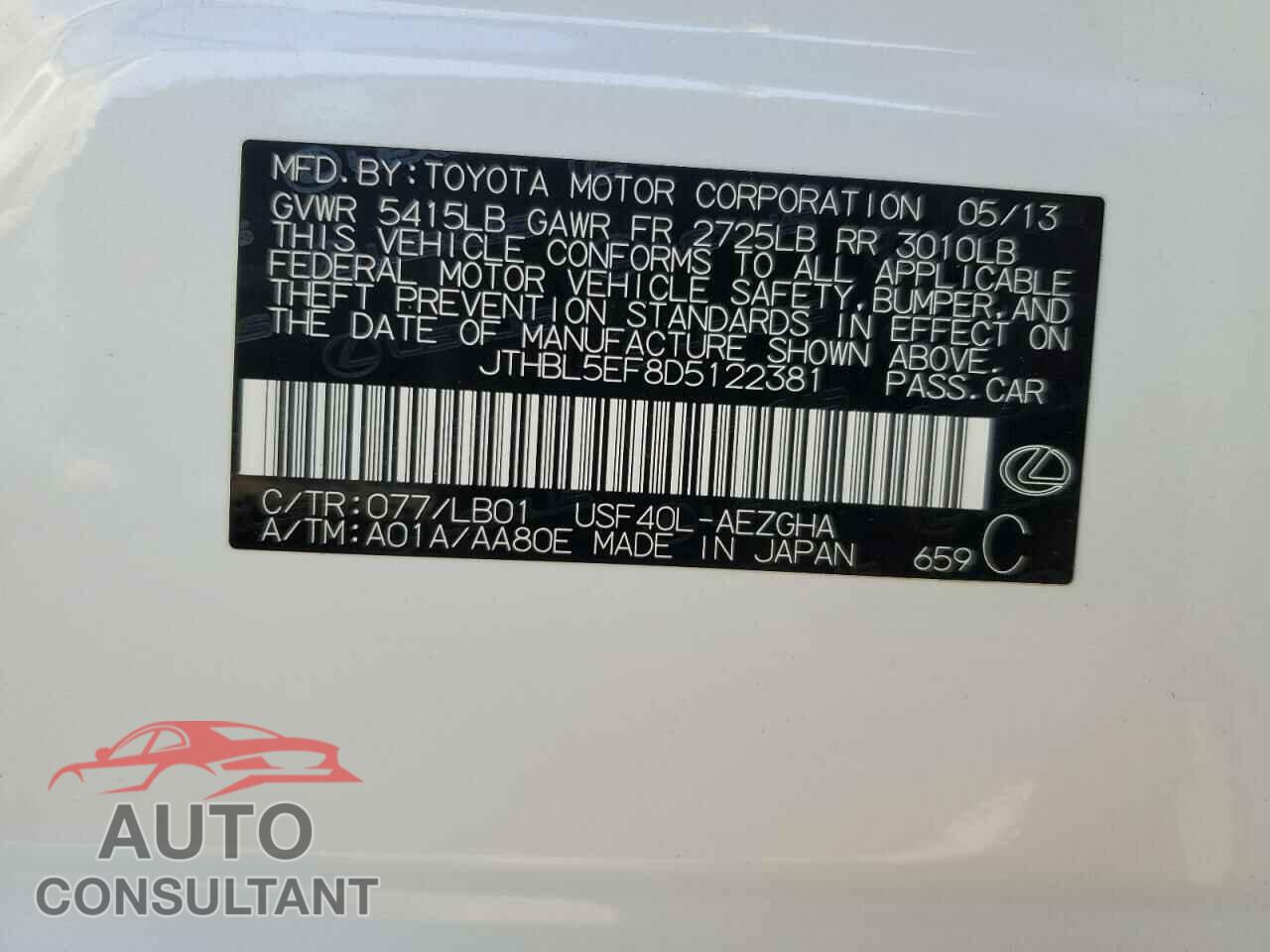 LEXUS LS460 2013 - JTHBL5EF8D5122381