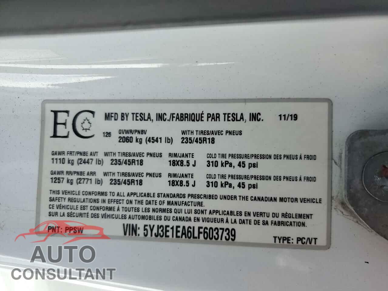 TESLA MODEL 3 2020 - 5YJ3E1EA6LF603739