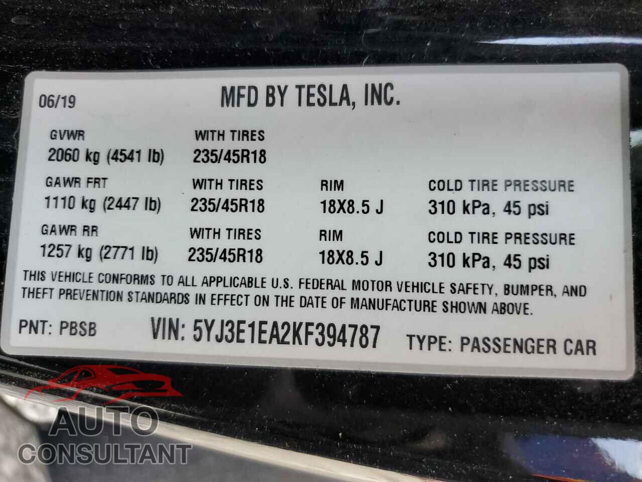 TESLA MODEL 3 2019 - 5YJ3E1EA2KF394787