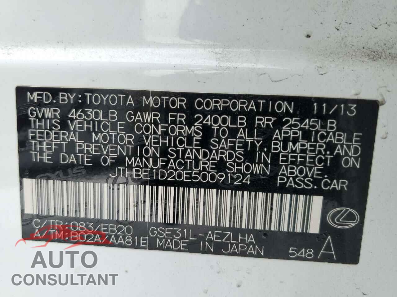 LEXUS IS 2014 - JTHBE1D20E5009124