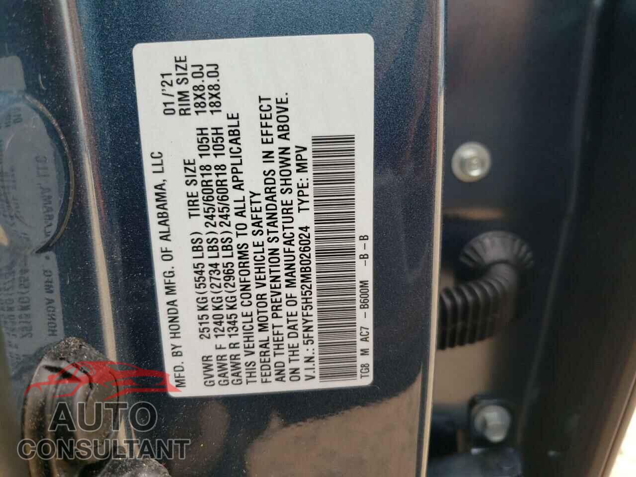 HONDA PILOT 2021 - 5FNYF5H52MB026024