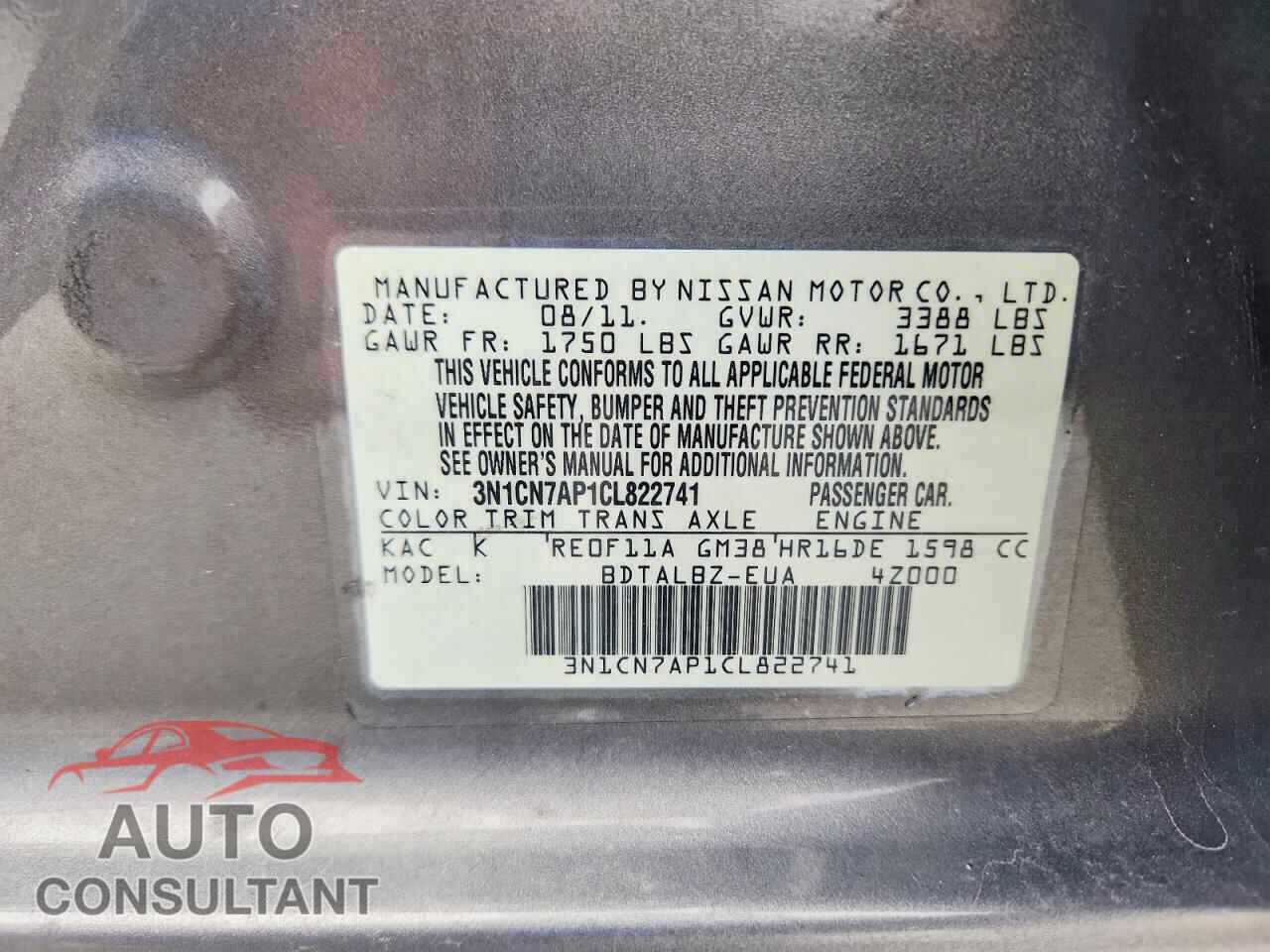 NISSAN VERSA 2012 - 3N1CN7AP1CL822741
