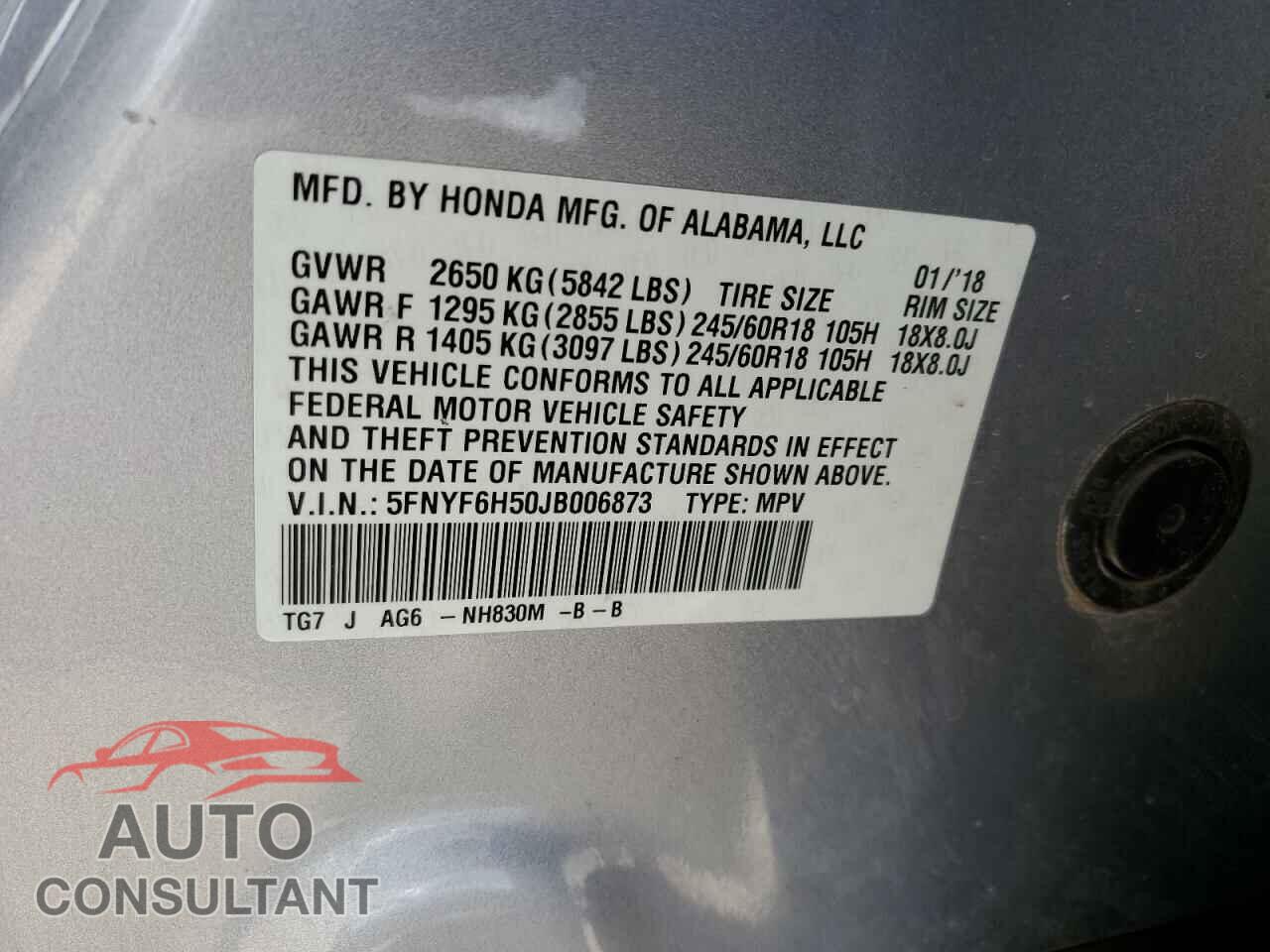 HONDA PILOT 2018 - 5FNYF6H50JB006873