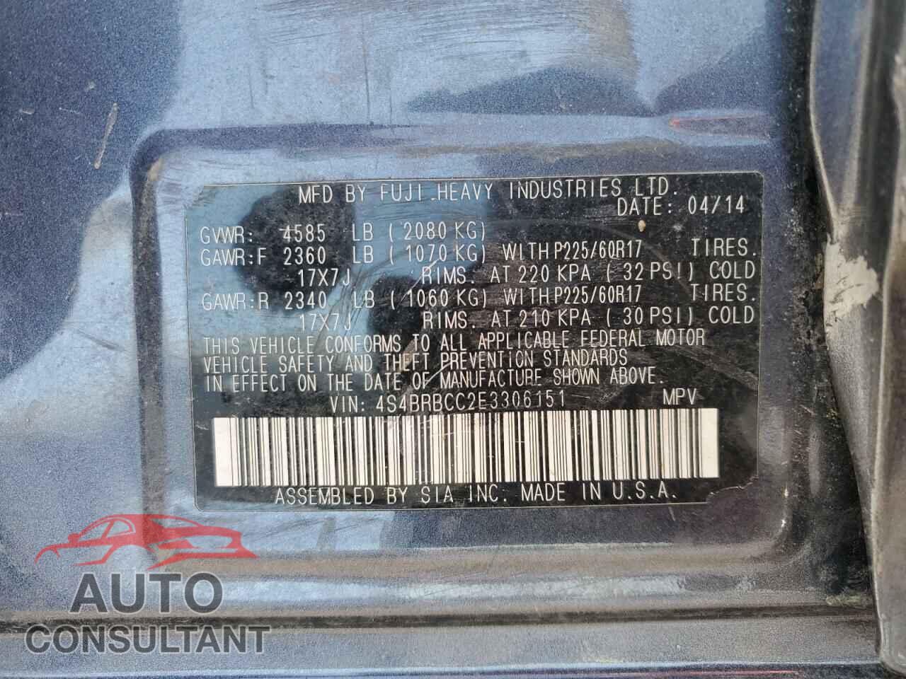 SUBARU OUTBACK 2014 - 4S4BRBCC2E3306151
