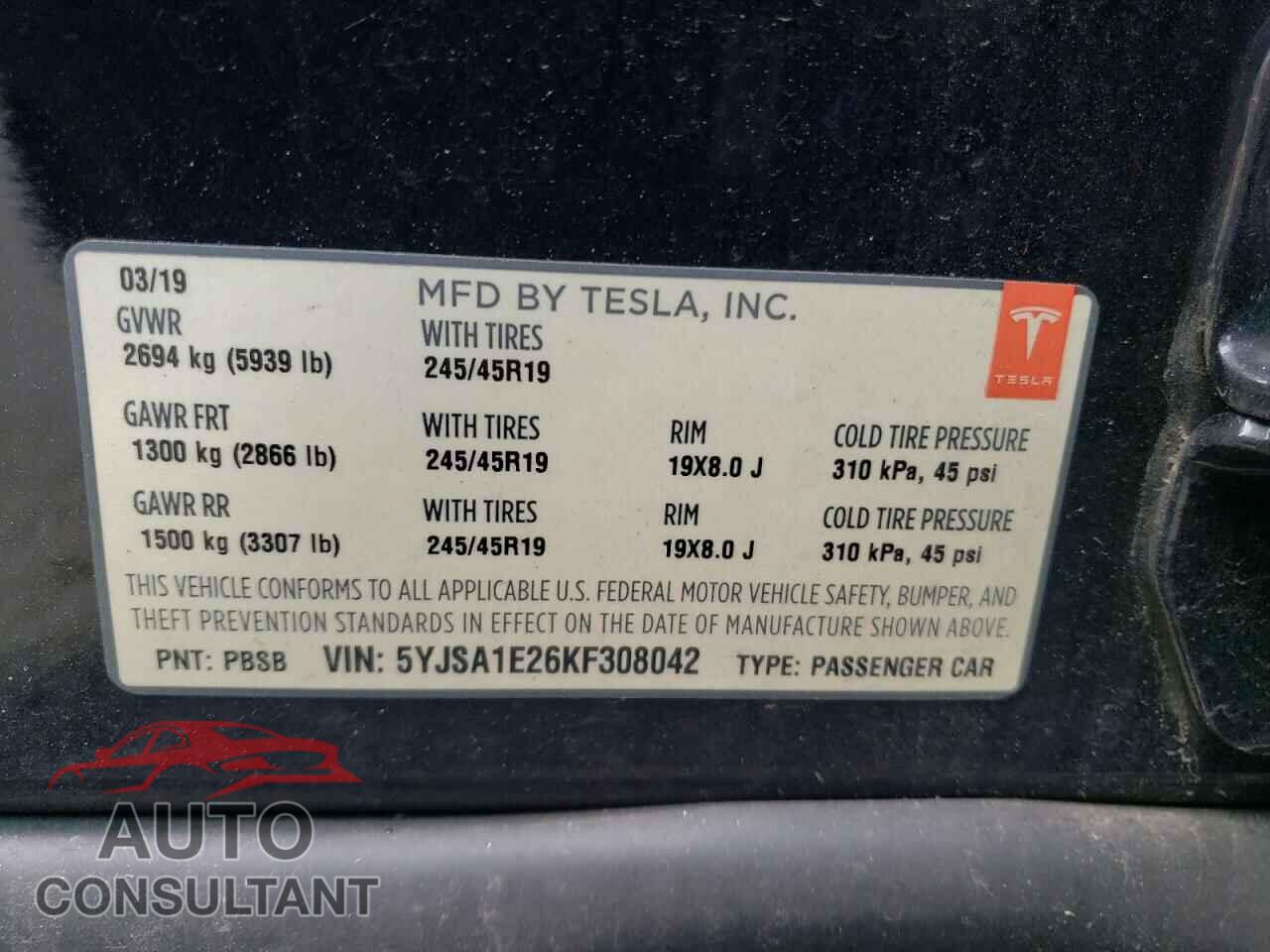 TESLA MODEL S 2019 - 5YJSA1E26KF308042