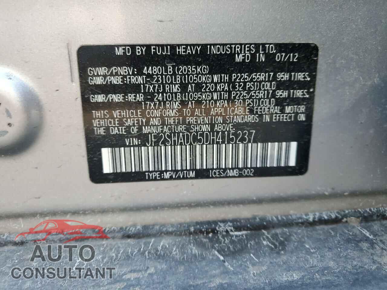 SUBARU FORESTER 2013 - JF2SHADC5DH415237