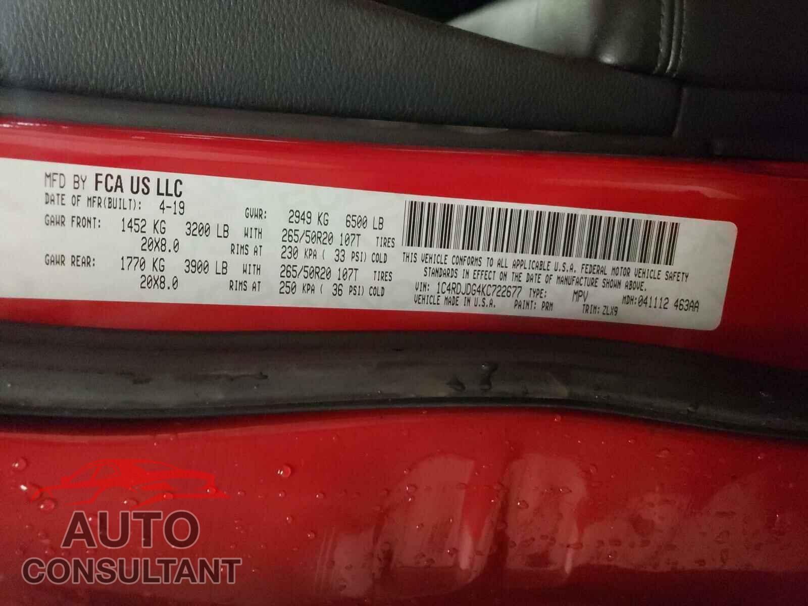 DODGE DURANGO 2019 - 1C4RDJDG4KC722677