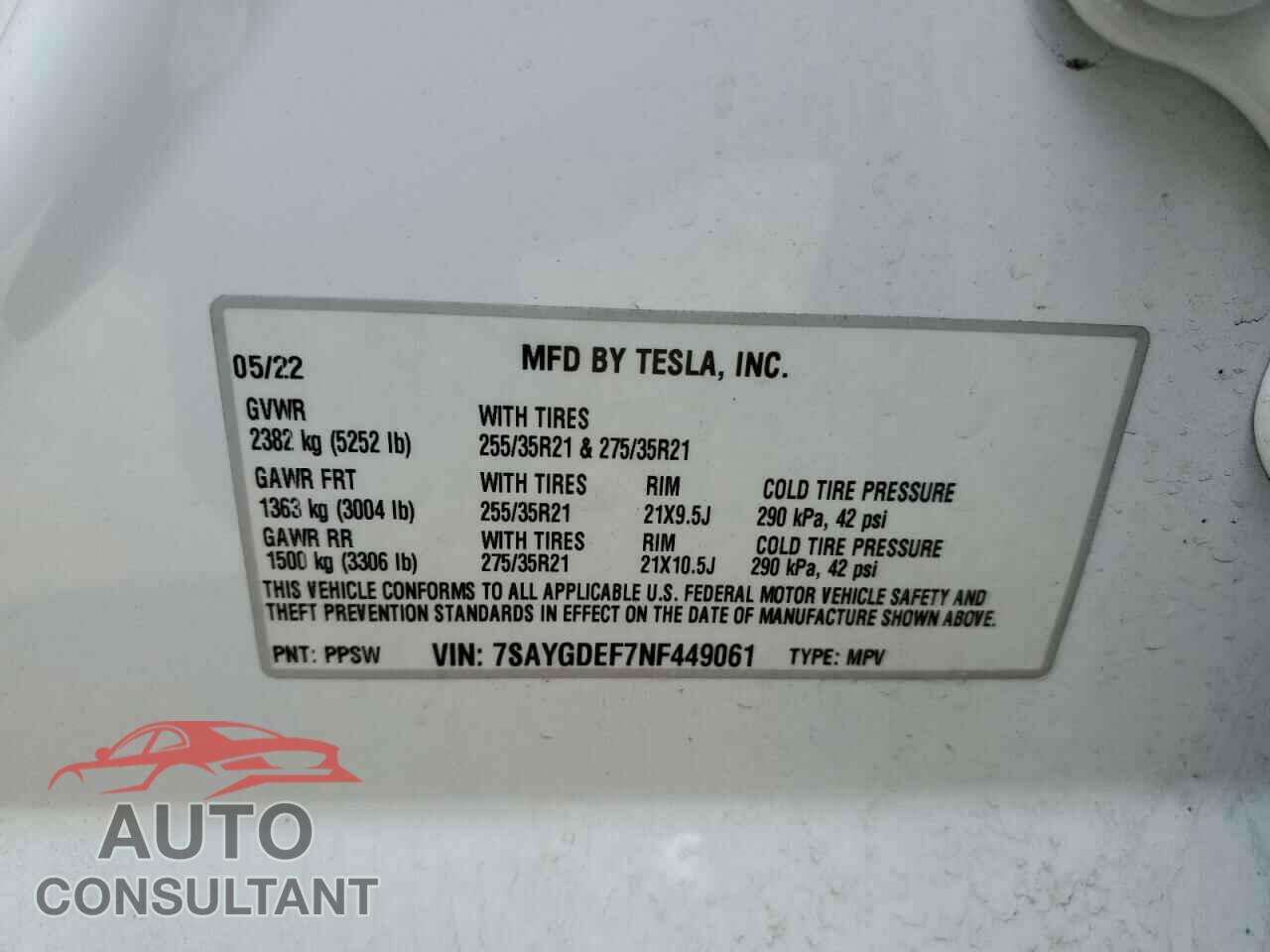 TESLA MODEL Y 2022 - 7SAYGDEF7NF449061