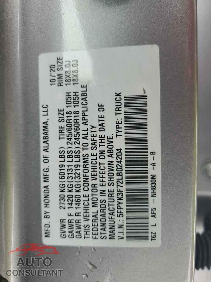 HONDA RIDGELINE 2020 - 5FPYK3F72LB024204