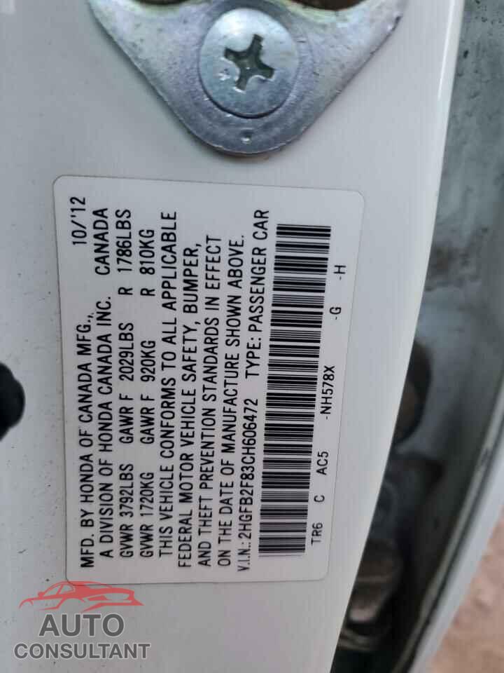 HONDA CIVIC 2012 - 2HGFB2F83CH606472
