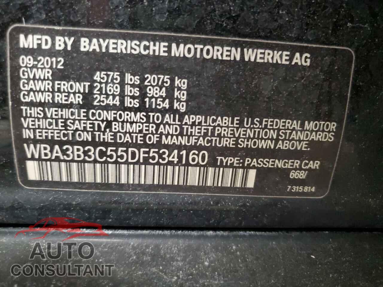 BMW 3 SERIES 2013 - WBA3B3C55DF534160
