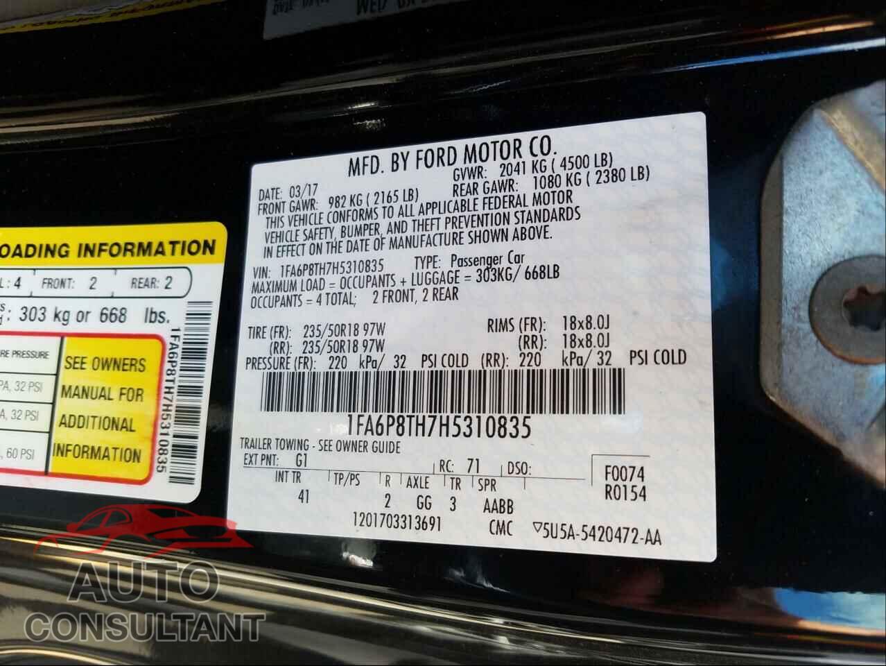 FORD MUSTANG 2017 - 1FA6P8TH7H5310835