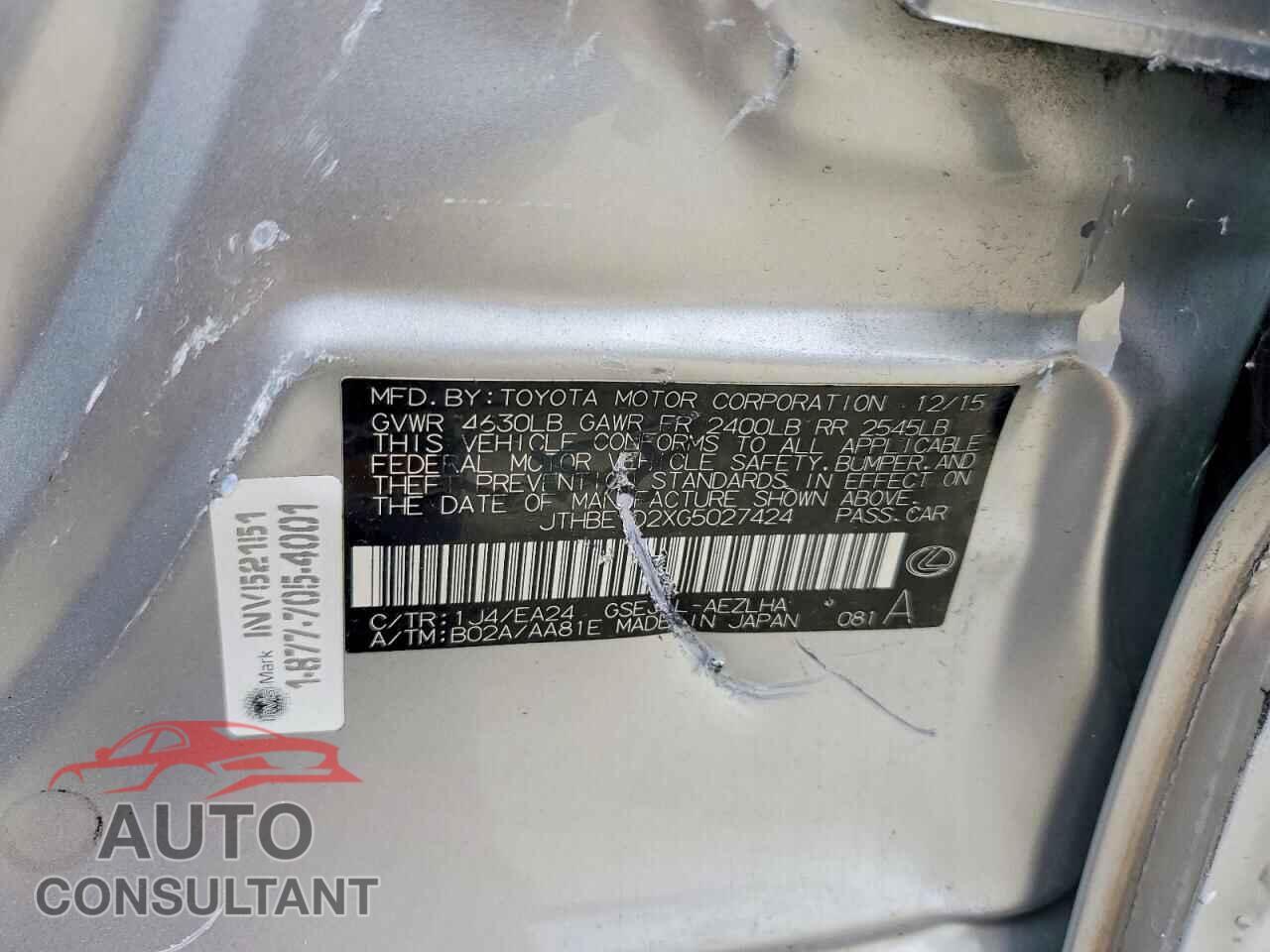 LEXUS IS 2016 - JTHBE1D2XG5027424