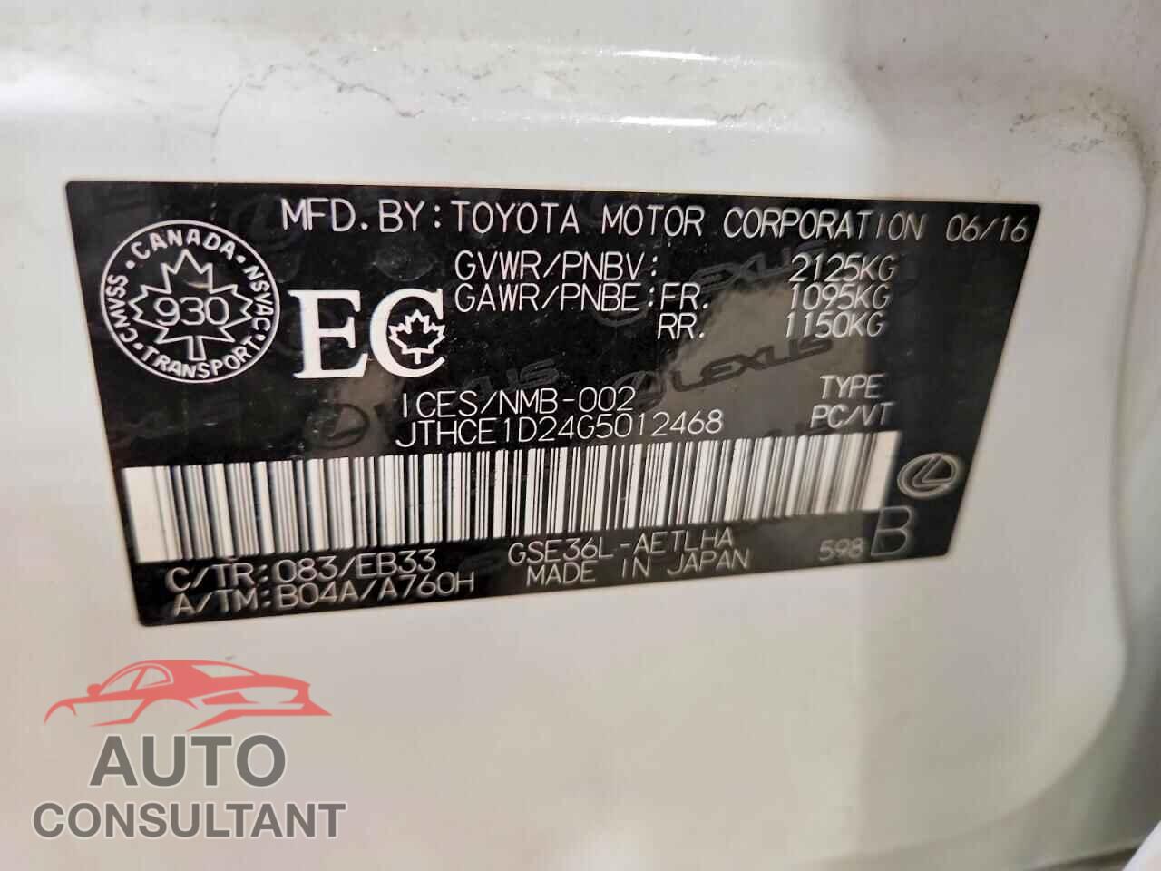 LEXUS IS 2016 - JTHCE1D24G5012468