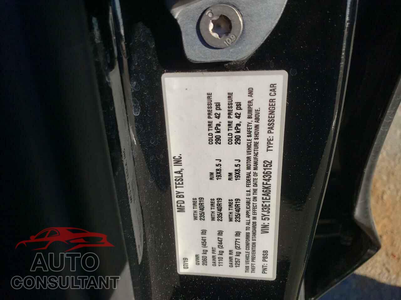 TESLA MODEL 3 2019 - 5YJ3E1EA6KF436152
