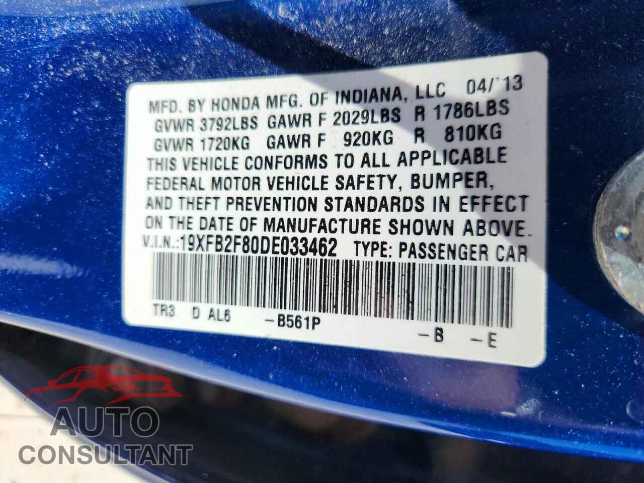 HONDA CIVIC 2013 - 19XFB2F80DE033462